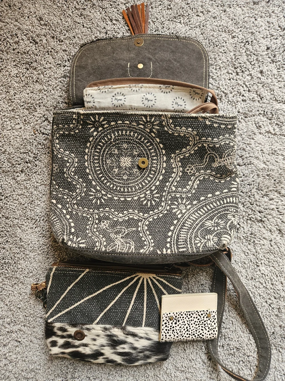 Myra Bag Black and Cream Patterned Canvas Backpack, Pouch And Wallet